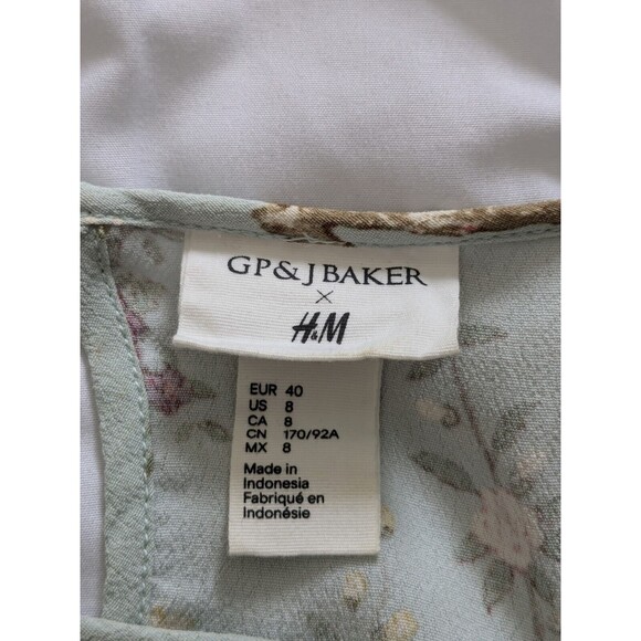 H&M GP&J Baker Collab Top Womens sz 8 Floral Bird Blouse Mint Blue Cottagecore - Picture 2 of 14
